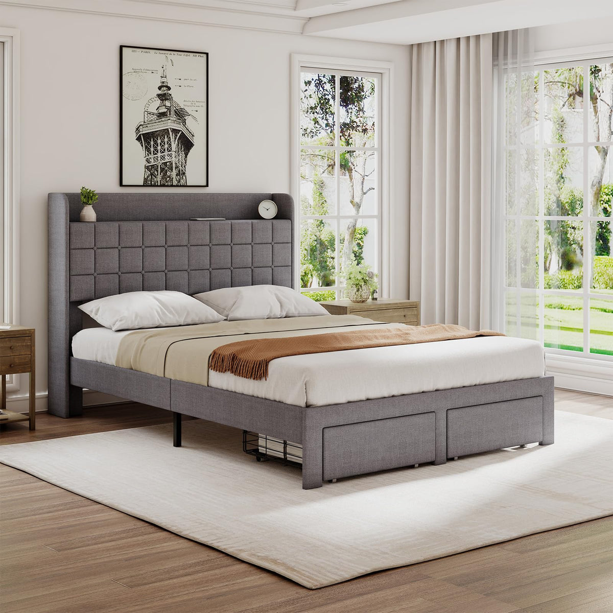 Full Upholstered Platform Bed Frame with Storage Drawers T534