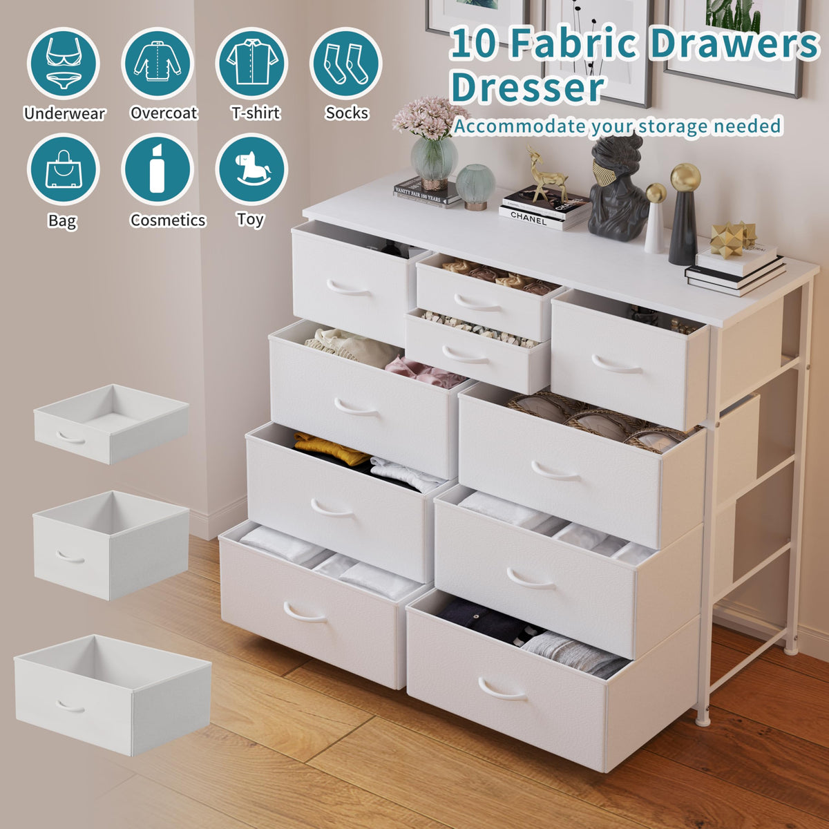 White 10 Drawer Fabric Dresser H989863