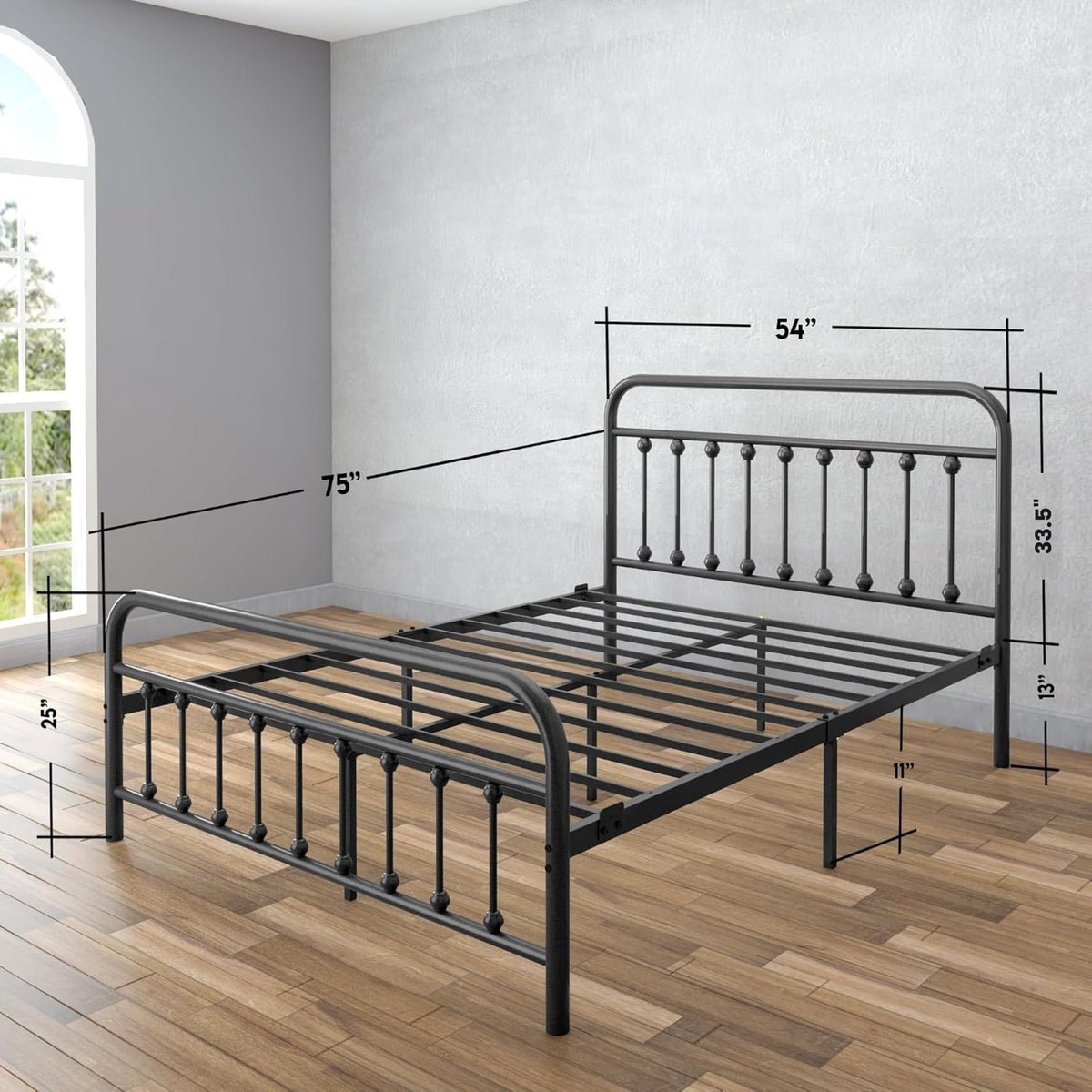 Black Full Size Metal Bed Frame with Wrought Iron Headboard Y5767