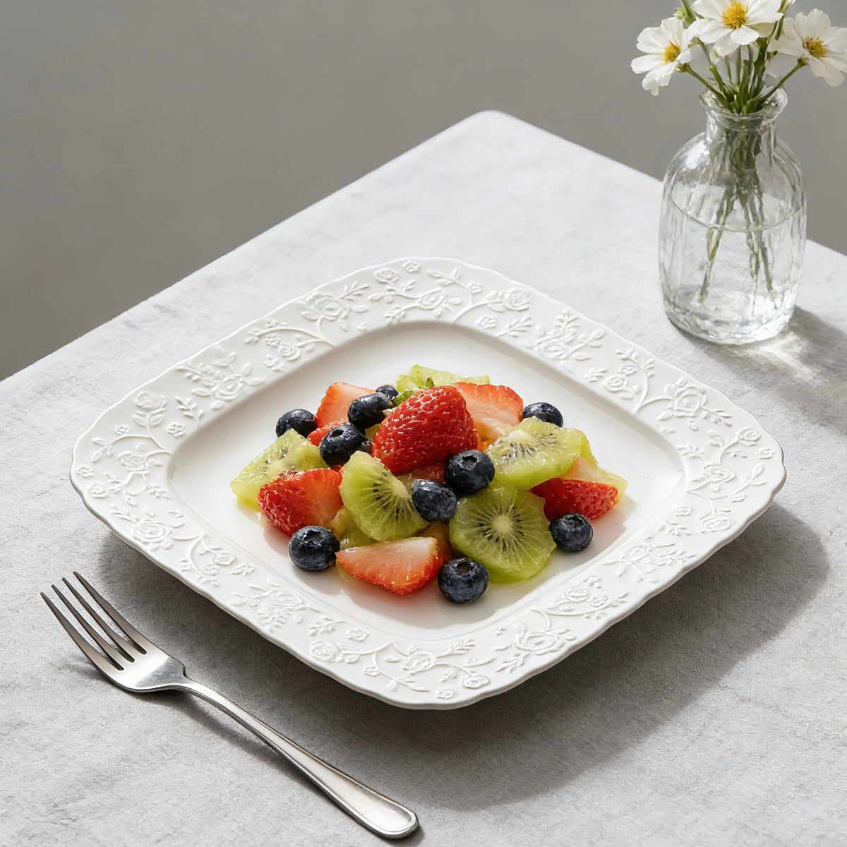 Ceramic Square Dinner Plates Set of 4, 10 & 12 Inch Embossed Salad Plates O976282