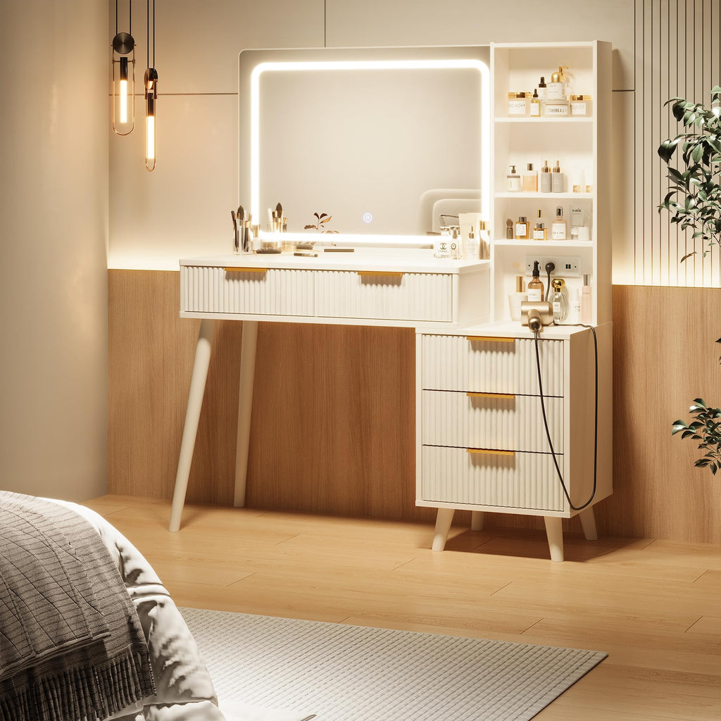 Vanity Desk with Mirror and Lights, 5 Drawers Storage Shelves, 3 Color Modes V125386