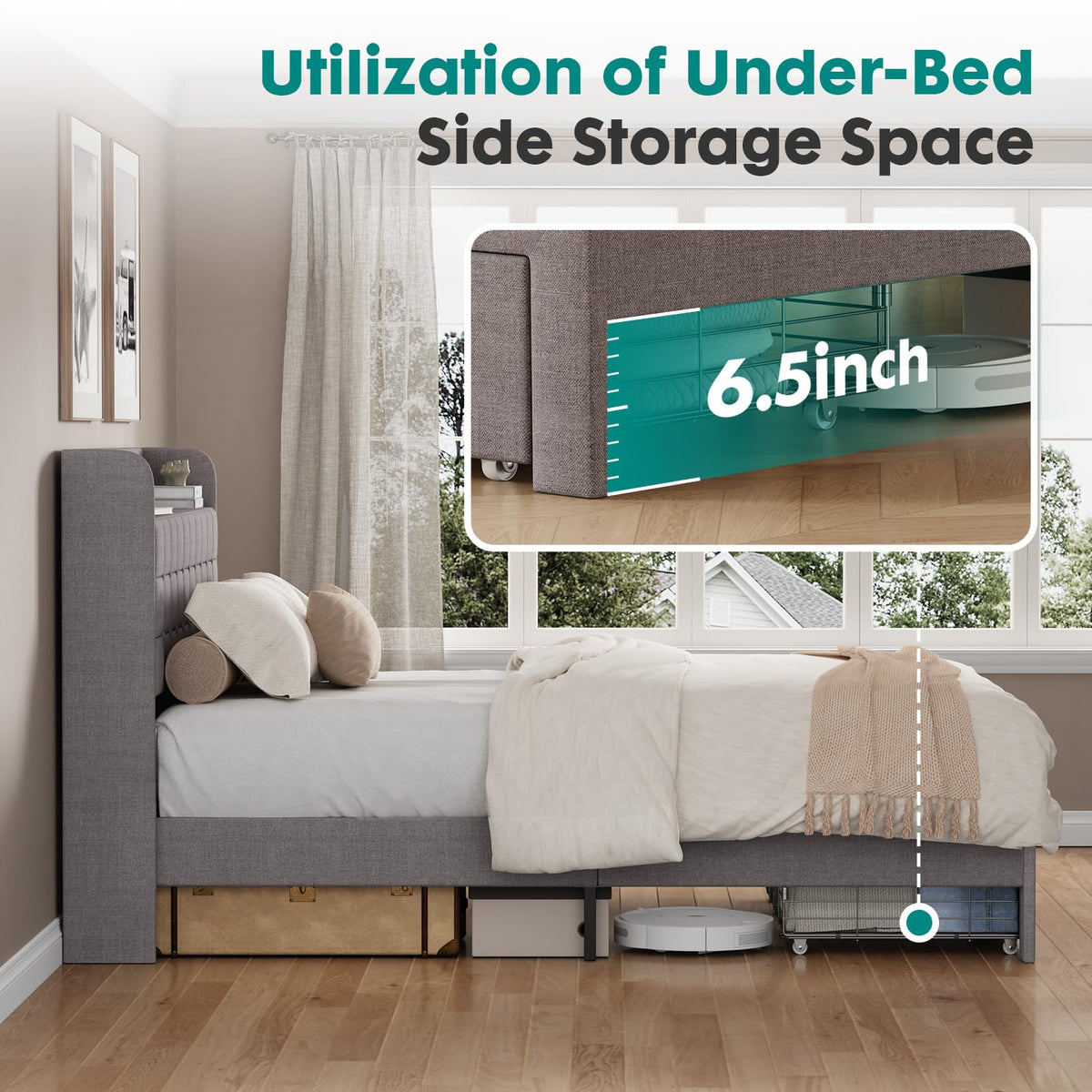 Full Upholstered Platform Bed Frame with Storage Drawers T534