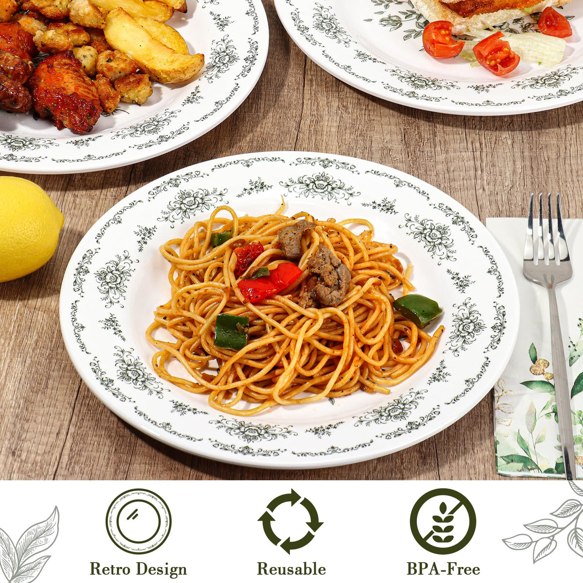 12 Piece 10 inch Green and White Floral Melamine Dinner Plates V964