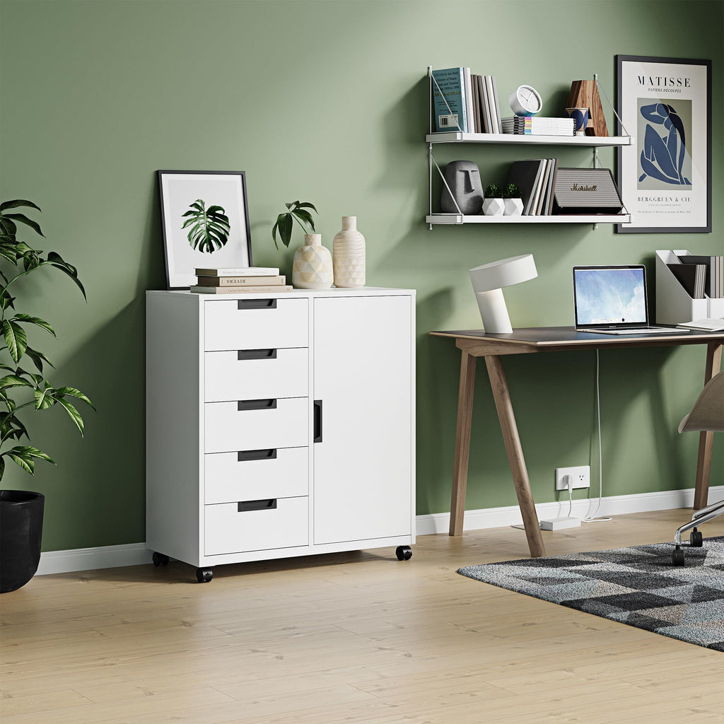 White 5 Drawer Storage Cabinet with Shelves and Door A2091
