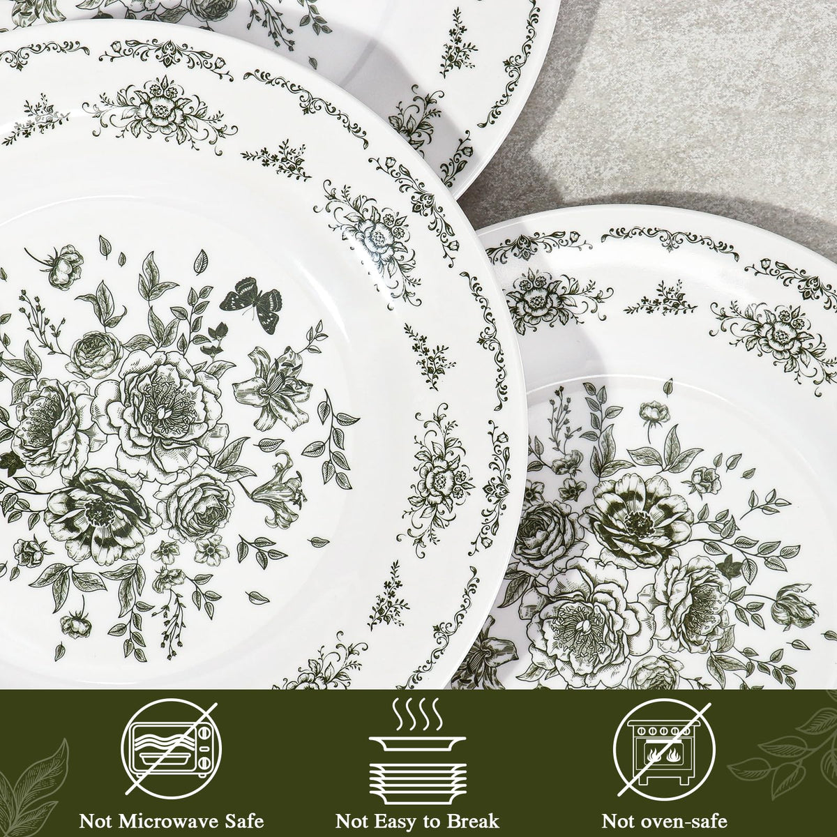 12 Piece 10 inch Green and White Floral Melamine Dinner Plates V964