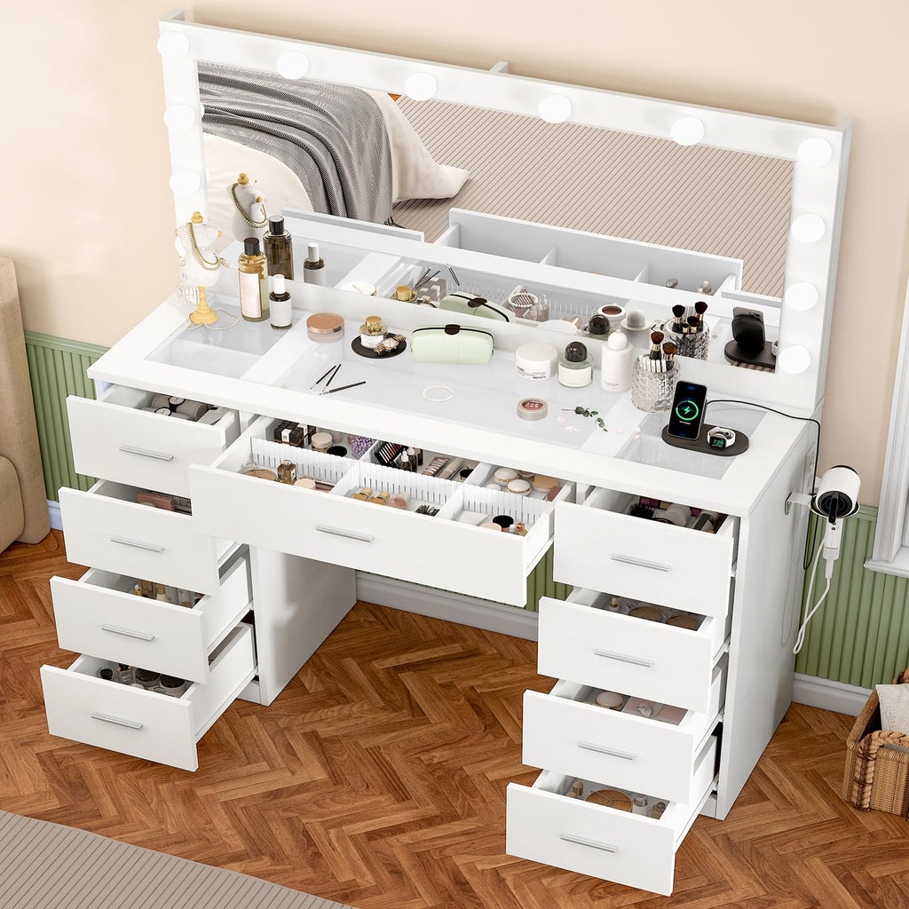 White Vanity Desk with Lighted Mirror and 9 Drawers X8015