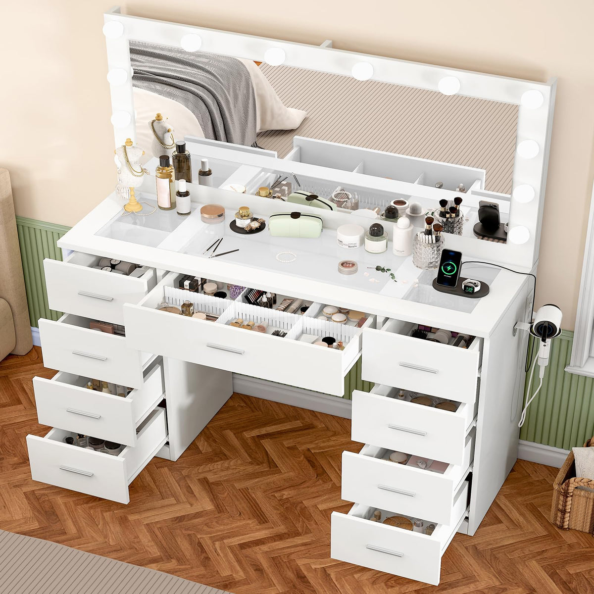 White Vanity Desk with Lighted Mirror and 9 Drawers X8015