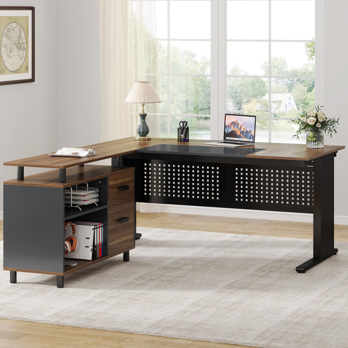 63 Inch L Shaped Computer Desk with File Cabinet and Storage Shelves X399720
