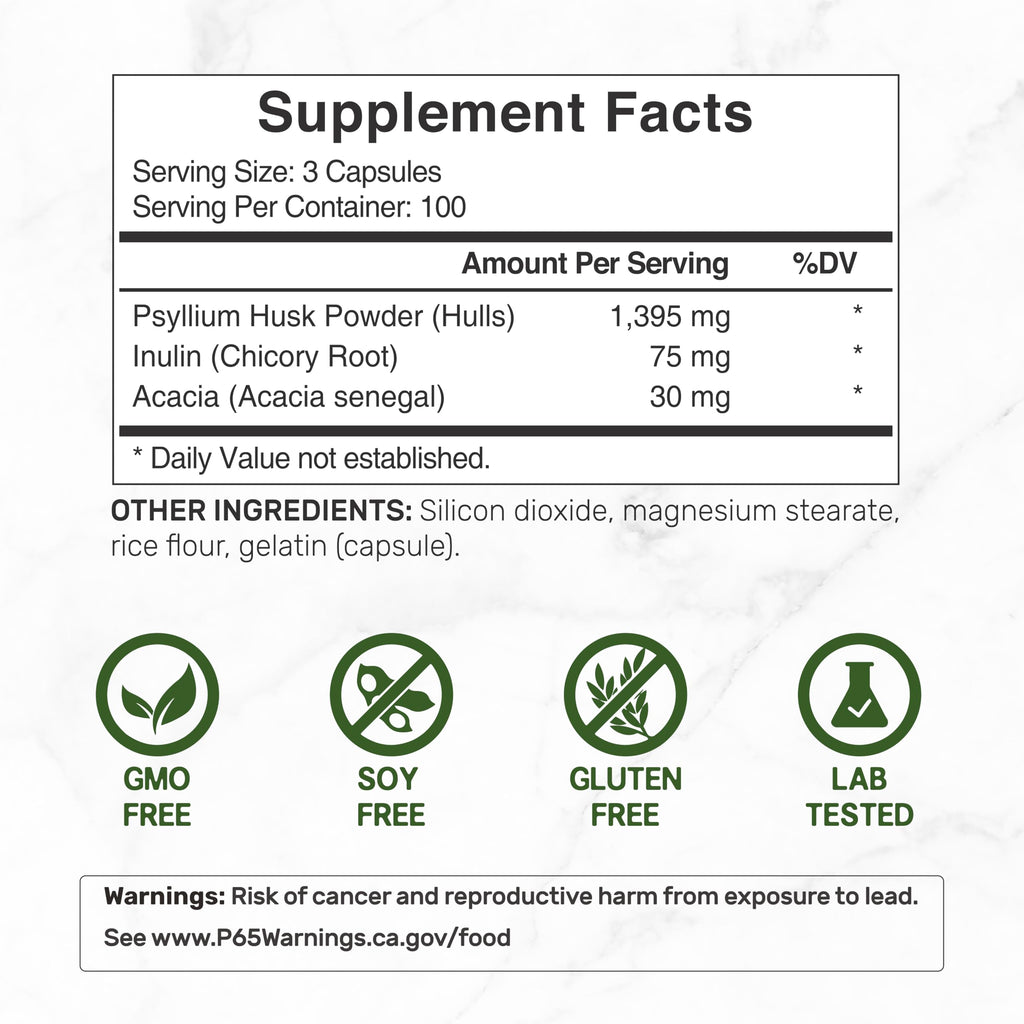 Psyllium Husk 1500mg 300 Capsules 3 in 1 Fiber Supplement N55573