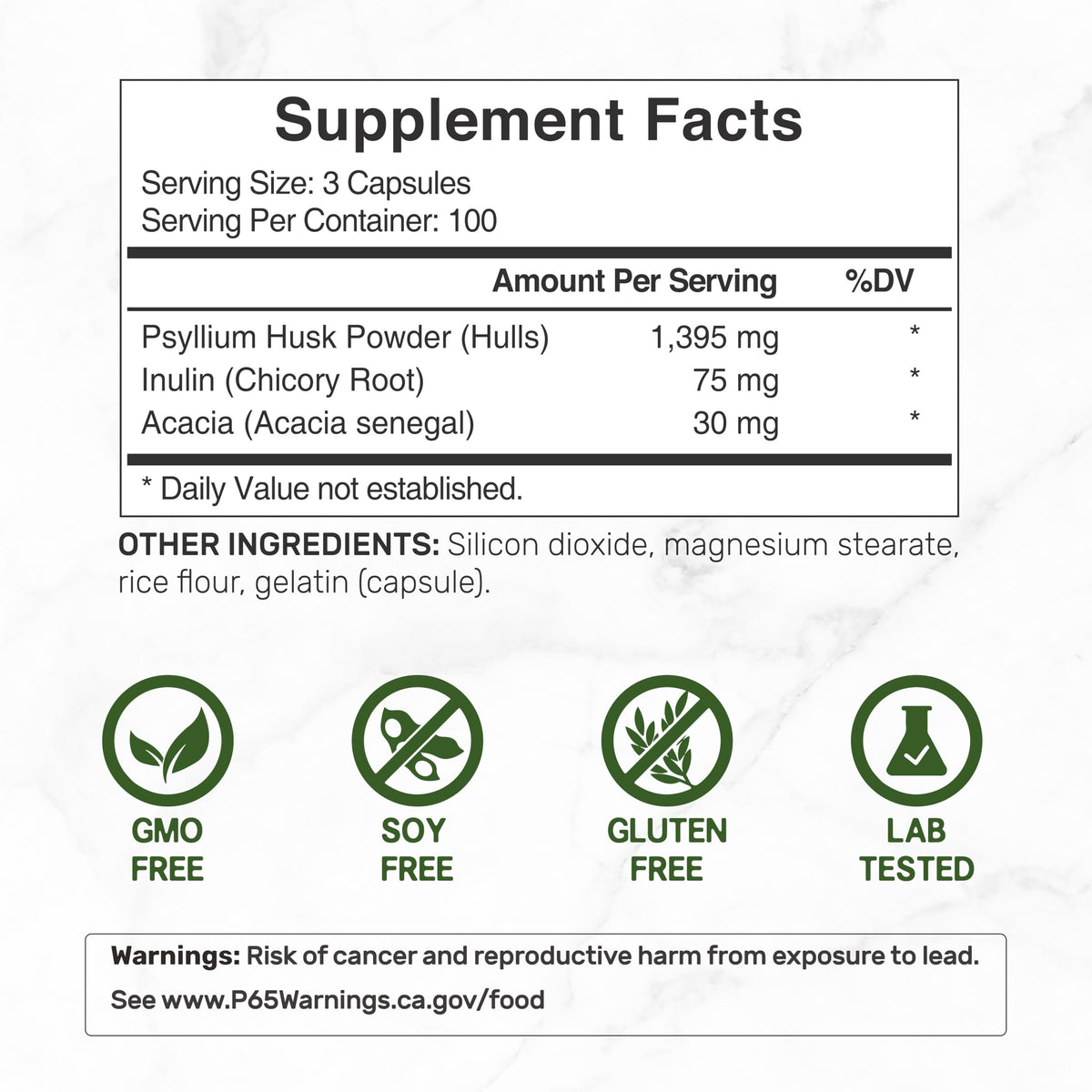 Psyllium Husk 1500mg 300 Capsules 3 in 1 Fiber Supplement N55573