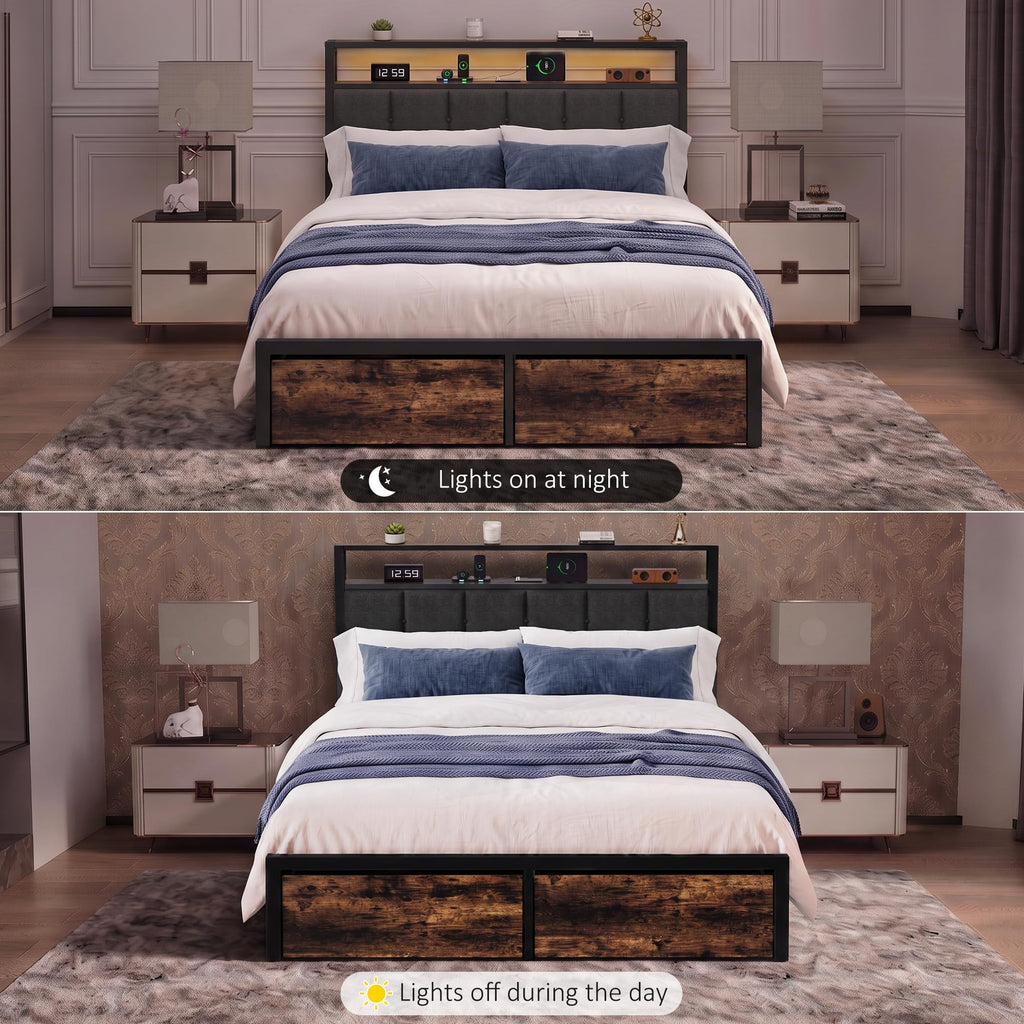 Full Bed Frame with Storage Drawers and LED Lights C199