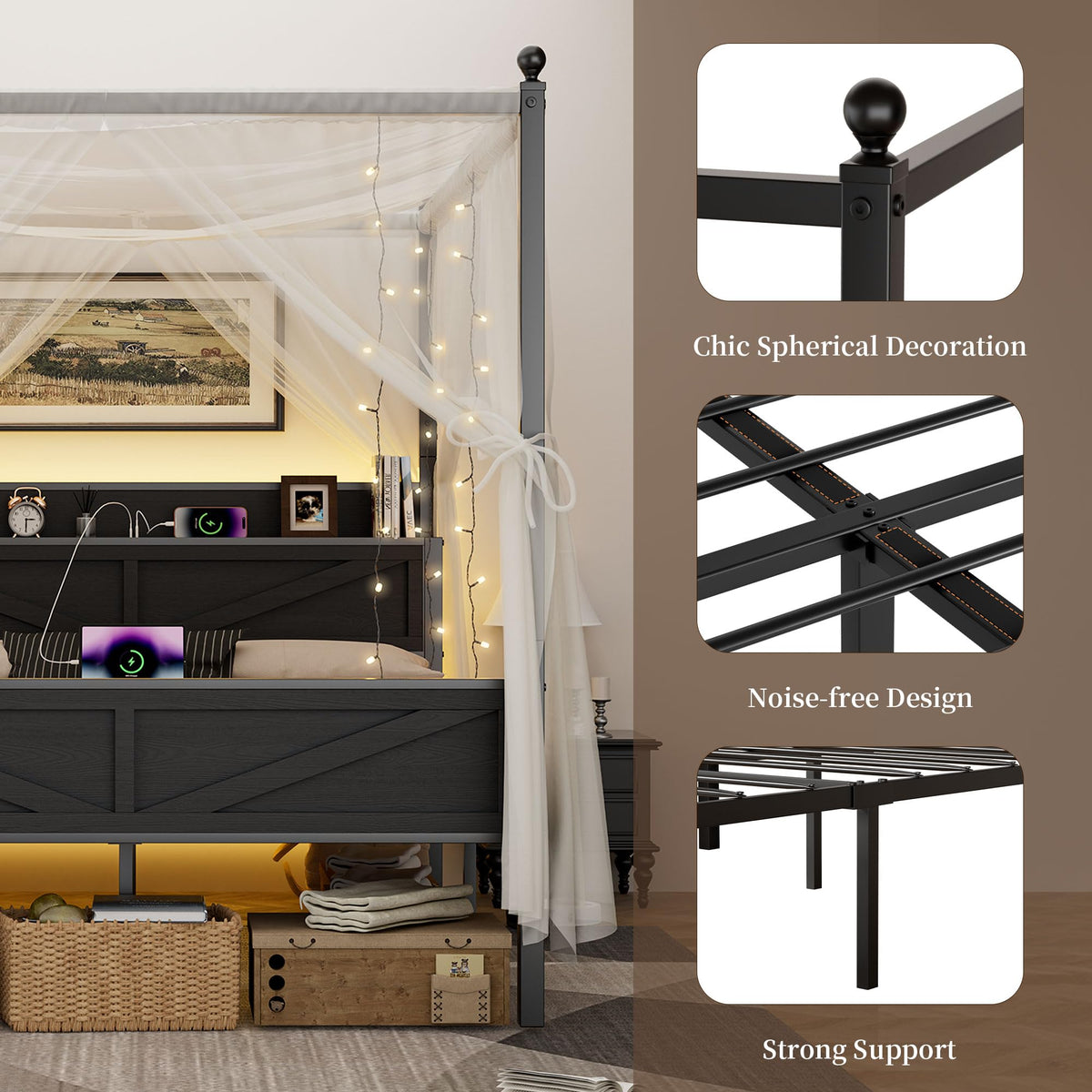 Queen Size Metal Canopy Bed Frame with Storage Headboard F140