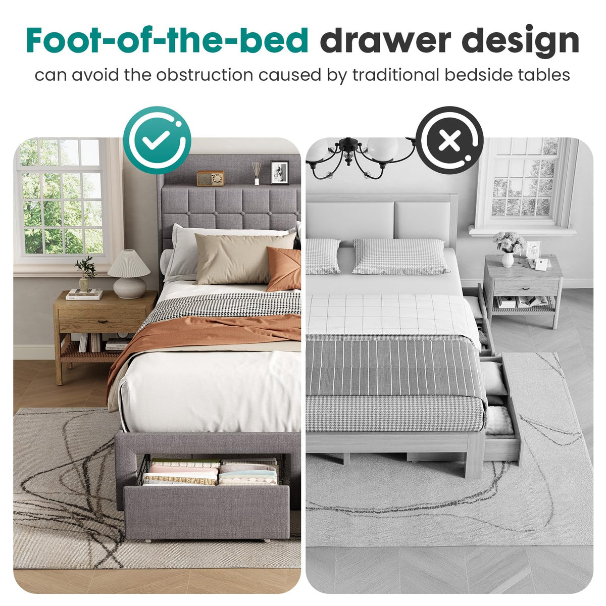 Full Upholstered Platform Bed Frame with Storage Drawers T534
