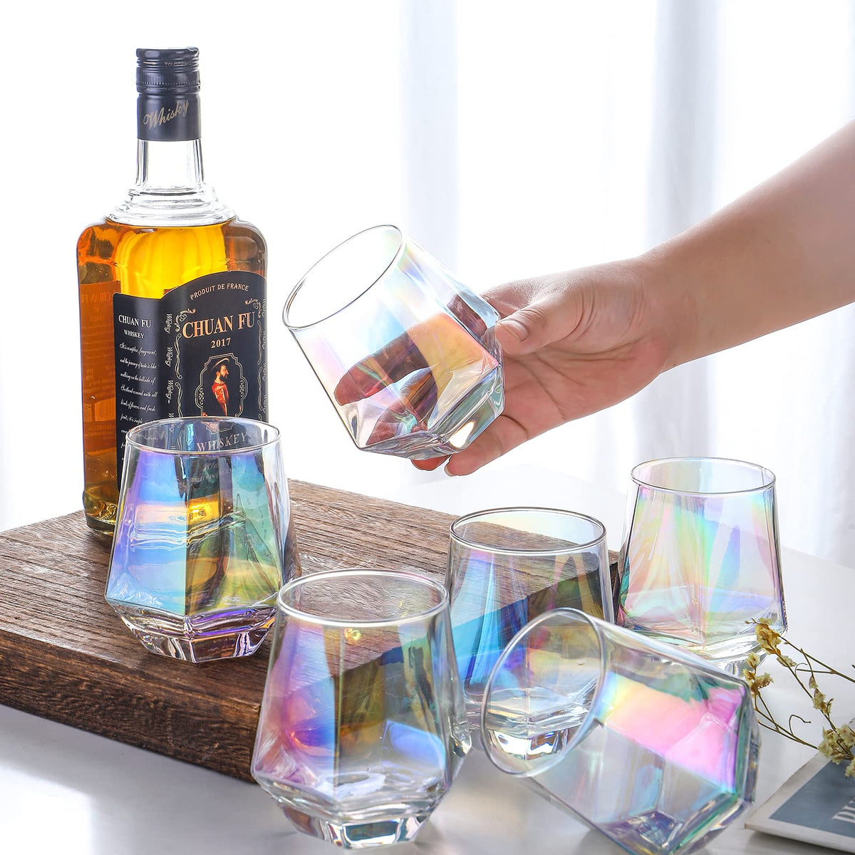 Stemless Wine Glasses Set of 6, 10 Oz Iridescent Diamond Shaped Glassware T219188