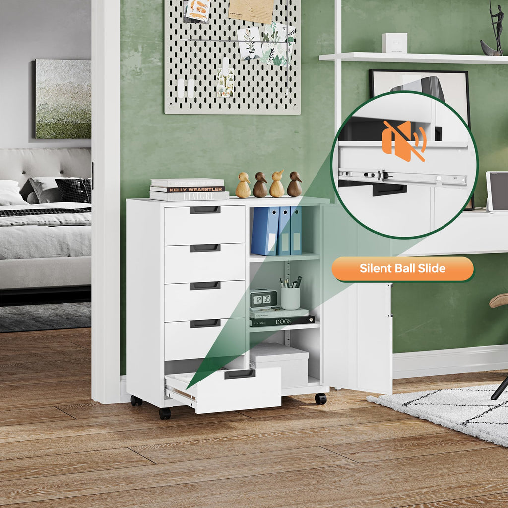 White 5 Drawer Storage Cabinet with Shelves and Door A2091