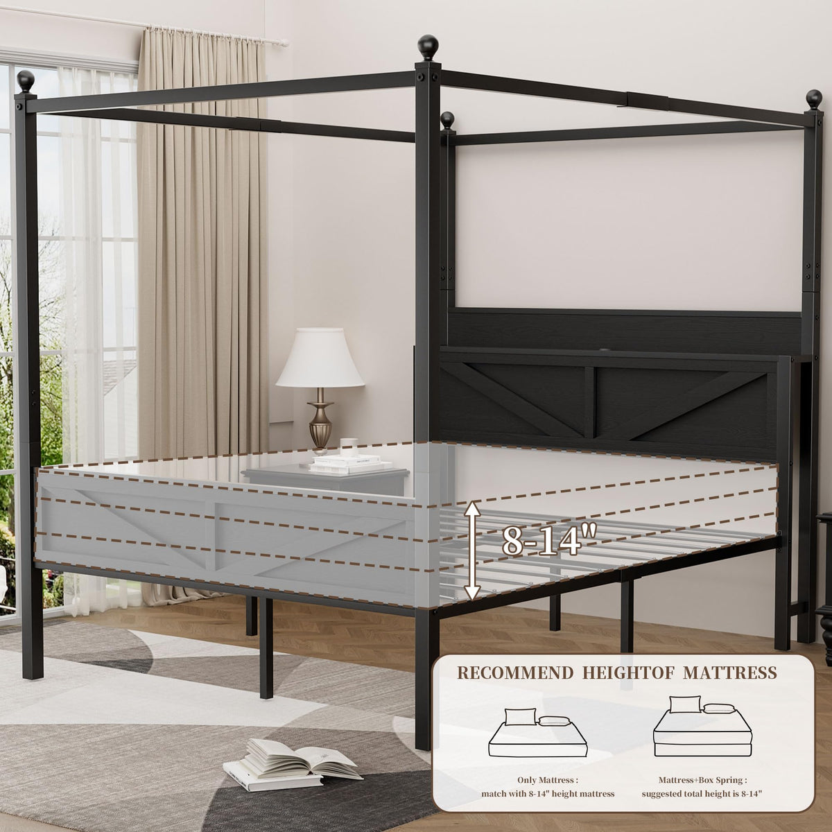 Queen Size Metal Canopy Bed Frame with Storage Headboard F140