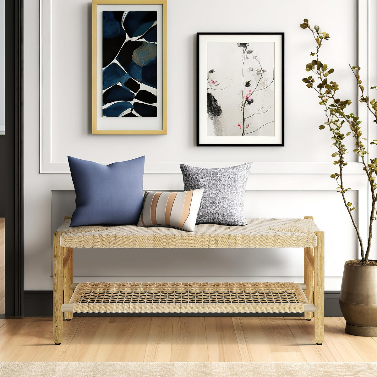 Indoor Entryway Bench with Storage Rack and Rubber Wood Legs I779