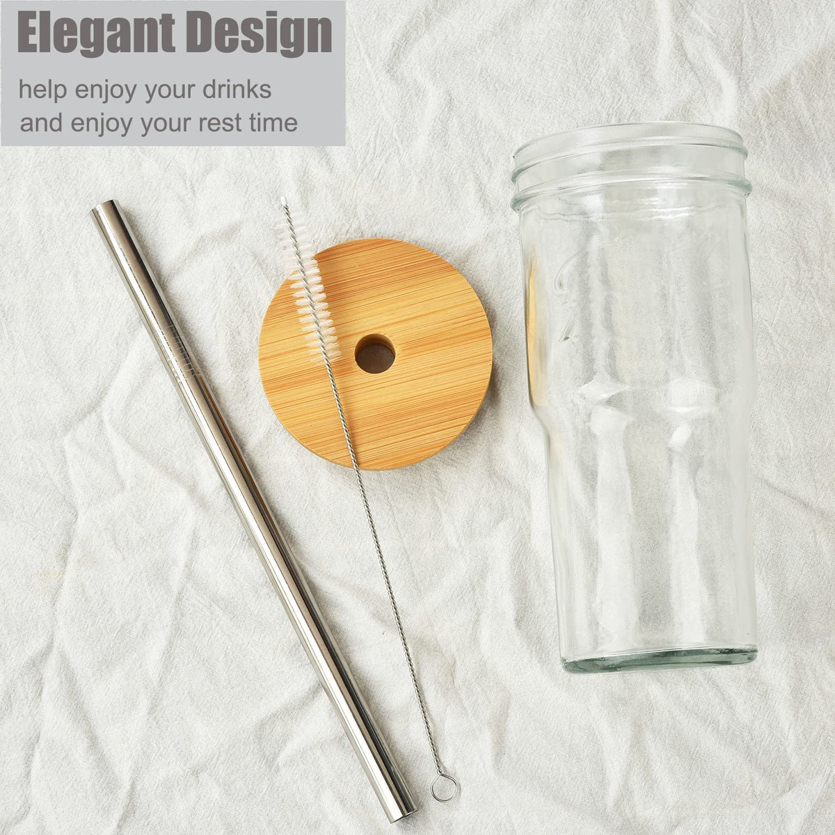 4-Pack 24 OZ Glass Cups with Bamboo Lids and Straws J717