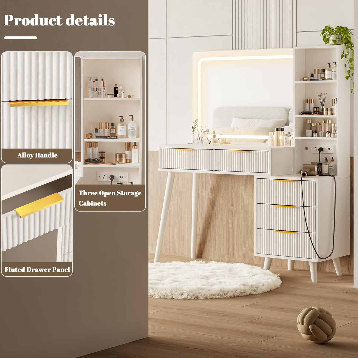 Vanity Desk with Mirror and Lights, 5 Drawers Storage Shelves, 3 Color Modes V125386