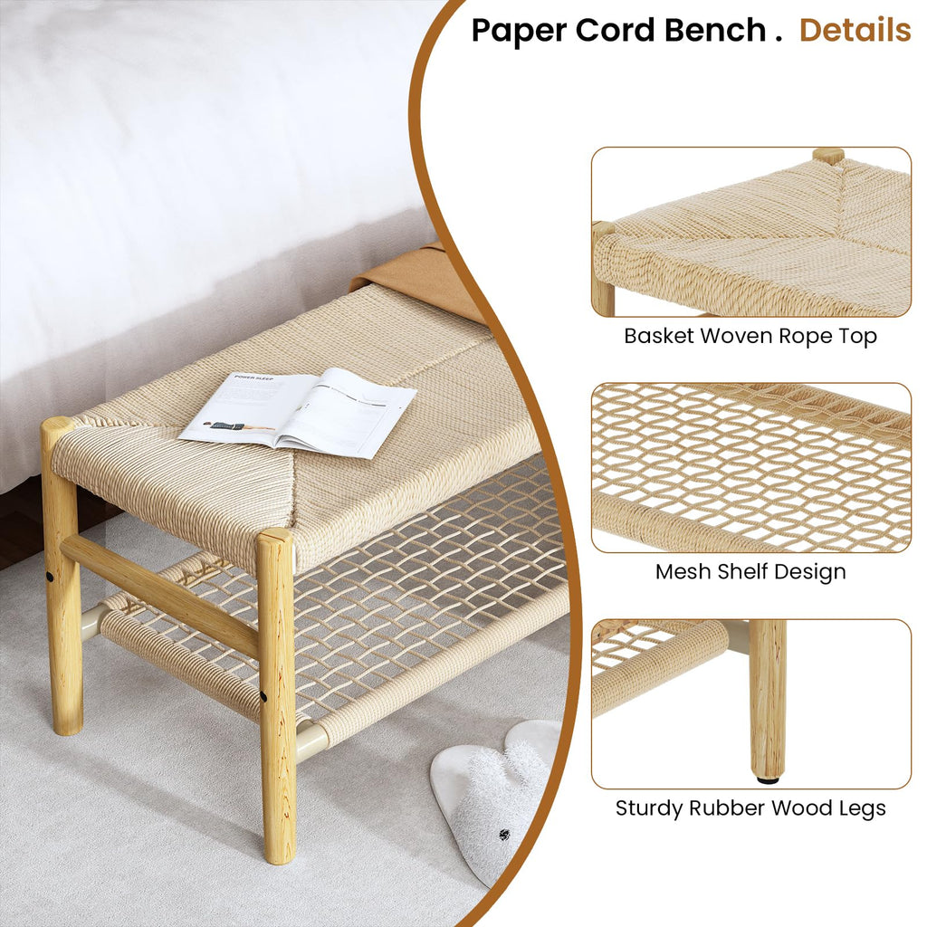 Indoor Entryway Bench with Storage Rack and Rubber Wood Legs I779