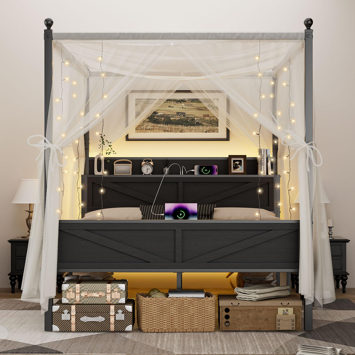Queen Size Metal Canopy Bed Frame with Storage Headboard F140