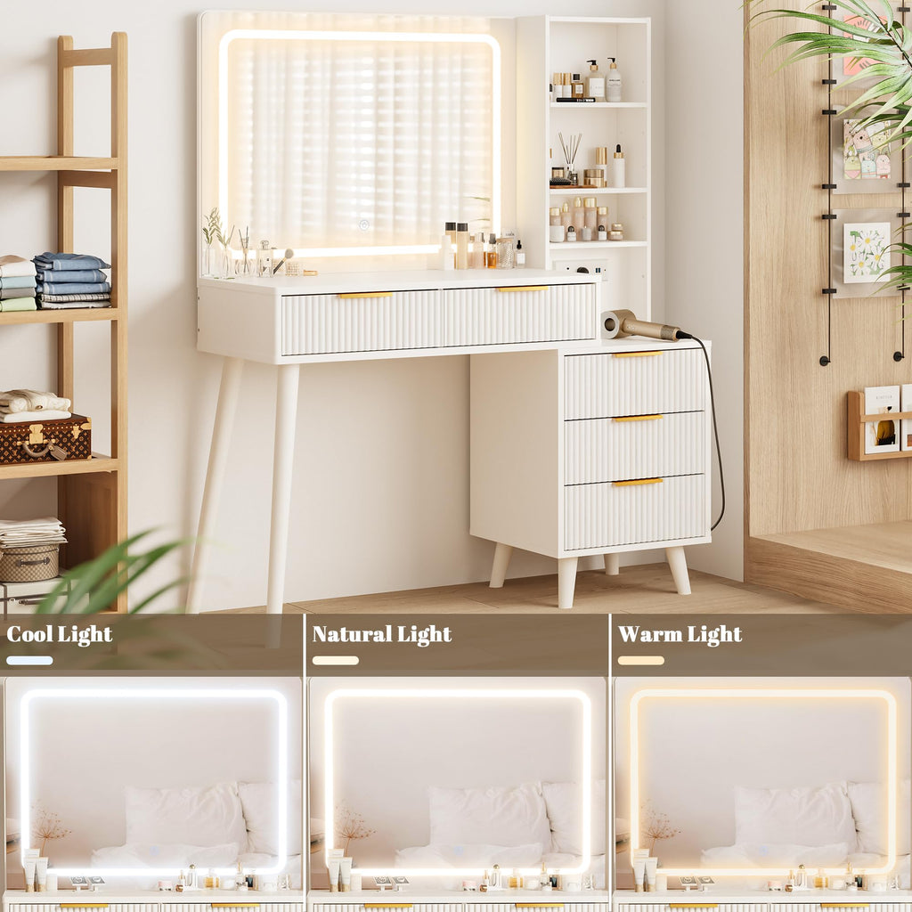 Vanity Desk with Mirror and Lights, 5 Drawers Storage Shelves, 3 Color Modes V125386