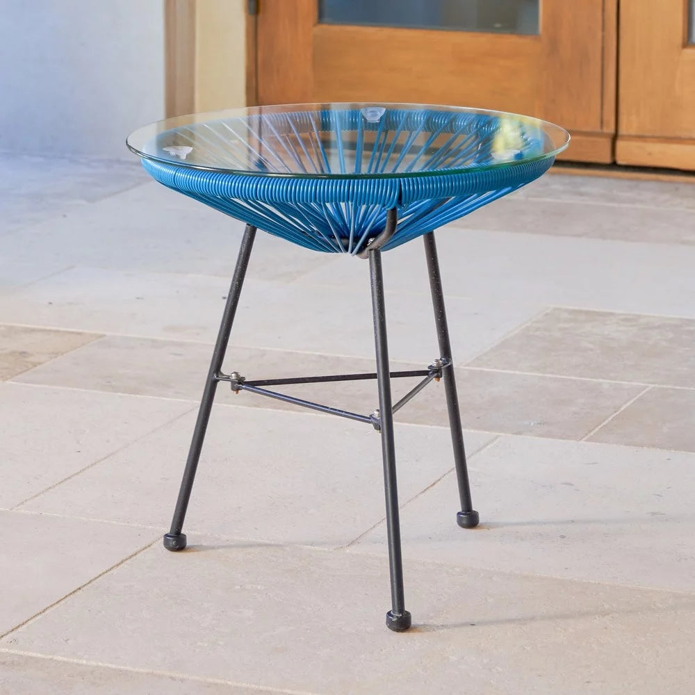 Woven Wicker Patio Side Table with Glass Top Y97616