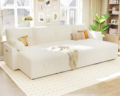 White Sherpa Sofa Bed with Storage Chaise H38541