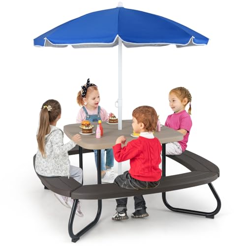 Kids Picnic Table with Umbrella and 4 Built-in Benches S5719