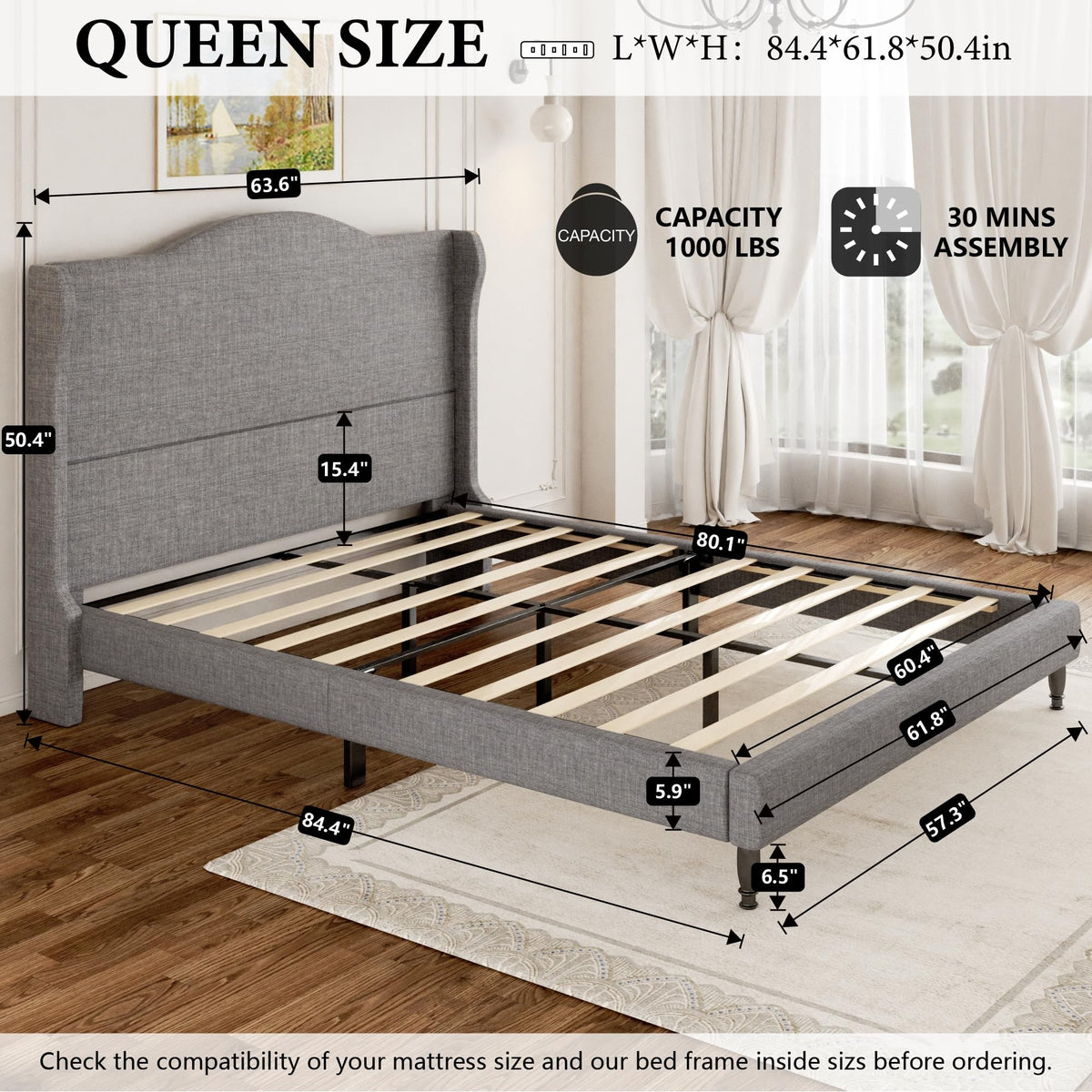 Queen Size Light Grey Upholstered Headboard Bed Frame S90842