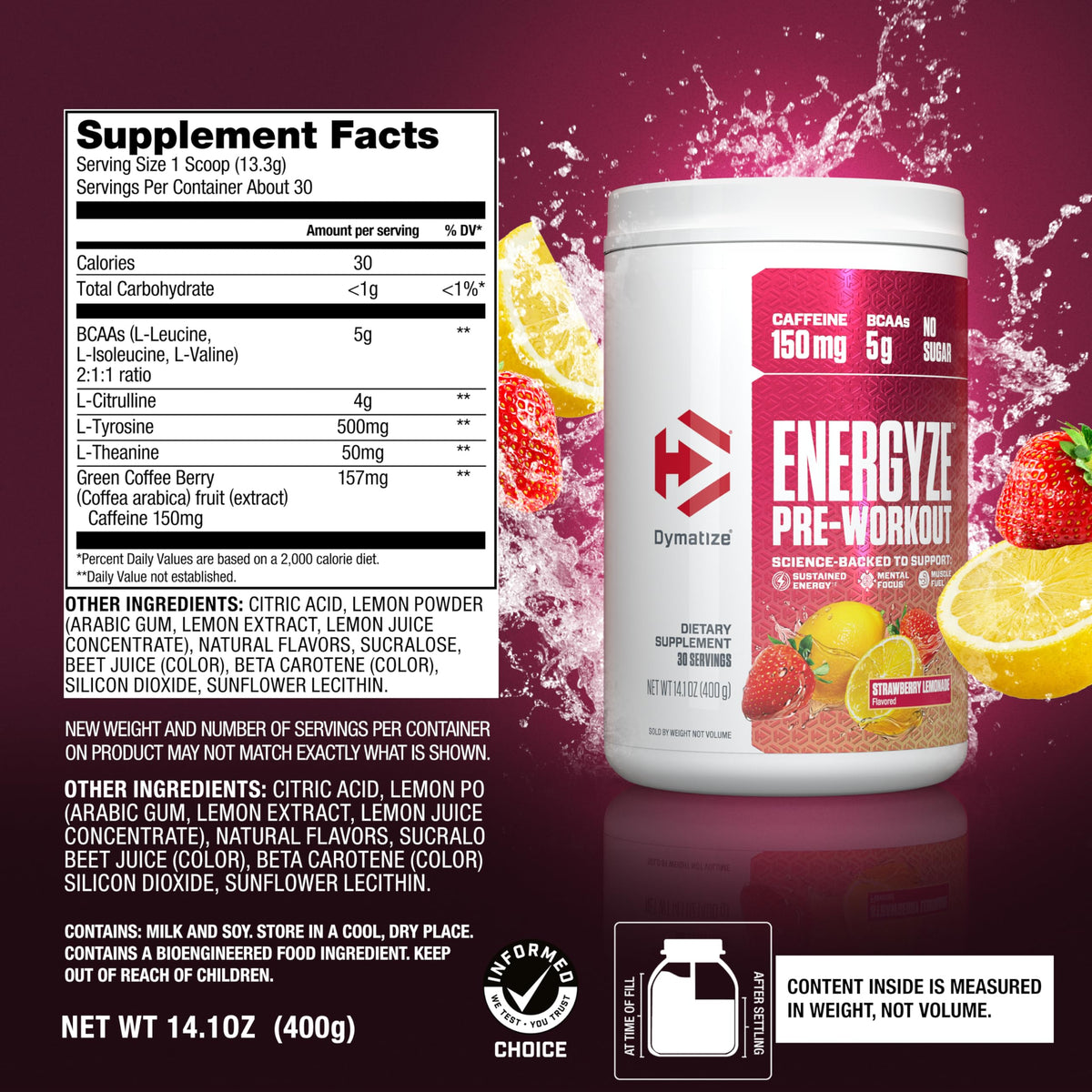 Pre Workout Powder Strawberry Lemonade 150mg Caffeine 5g BCAAs 30 Servings N92286