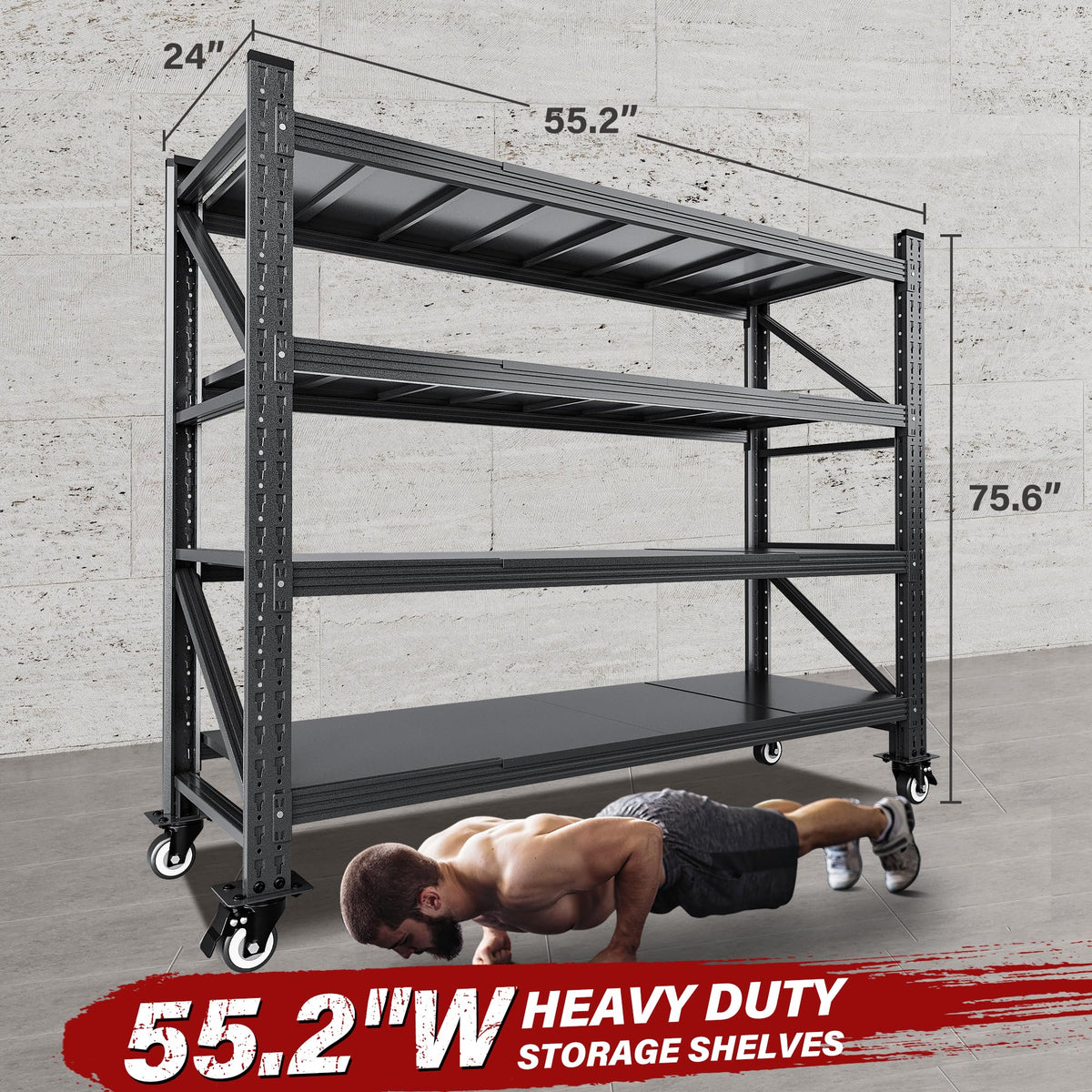 75.6" Tall Black Metal Storage Shelves with Wheels N876