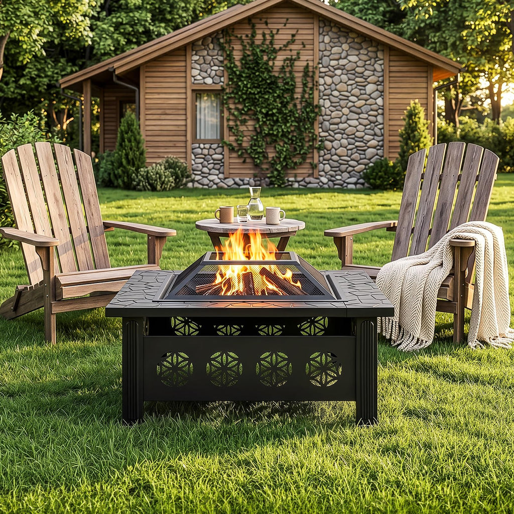 32 Inch Square Wood Burning Fire Pit Table with Spark Screen Lid and Fire Poker T229492