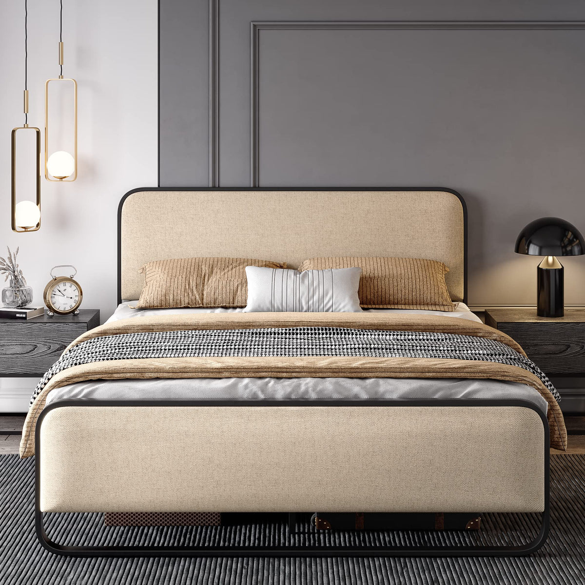 Full Size Metal Bed Frame with Upholstered Headboard D122497