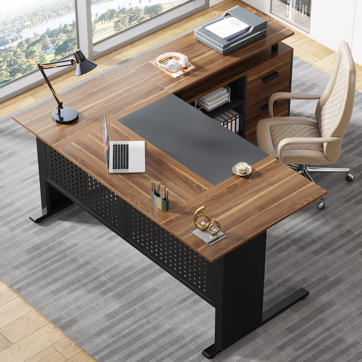 63 Inch L Shaped Computer Desk with File Cabinet and Storage Shelves X399720