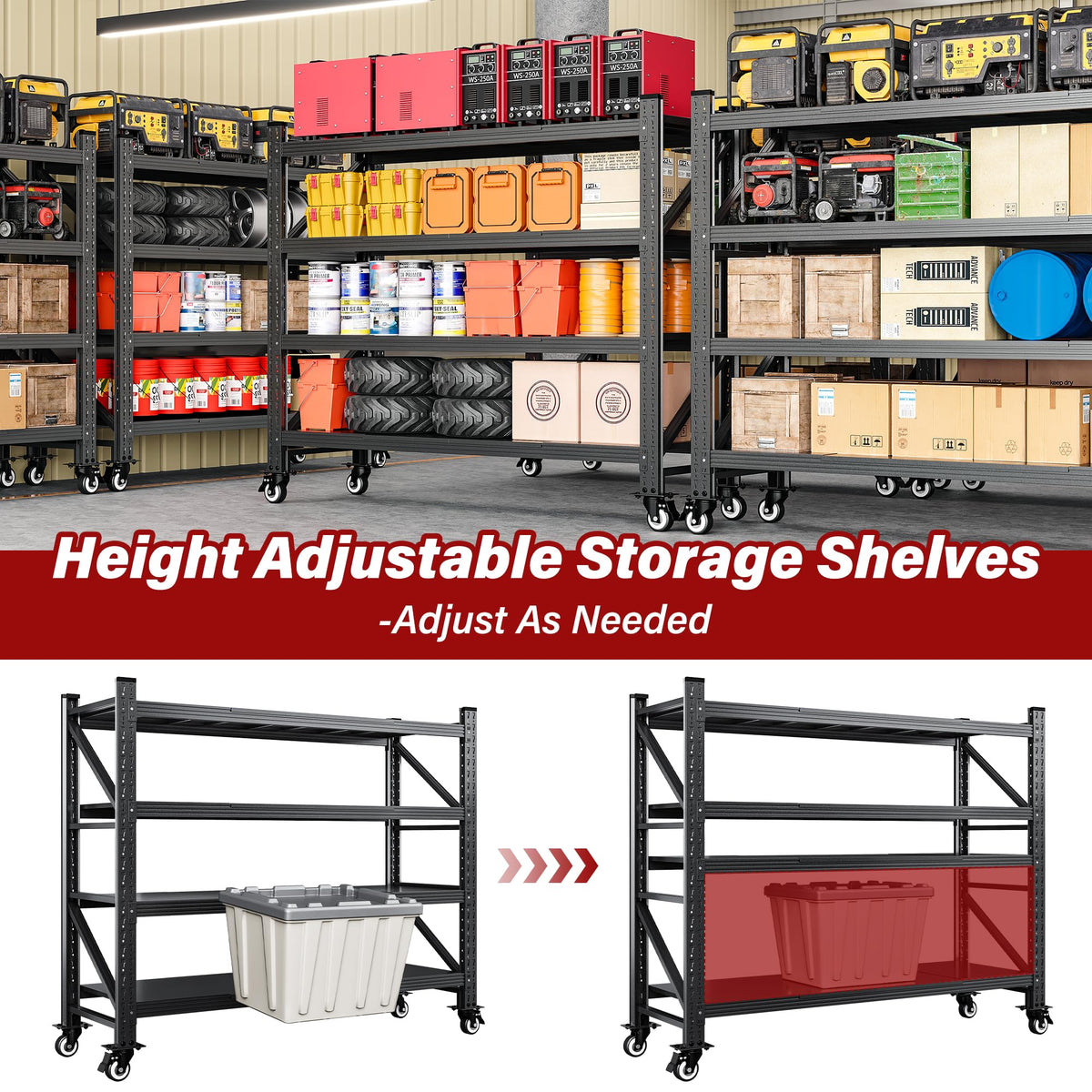 75.6" Tall Black Metal Storage Shelves with Wheels N876