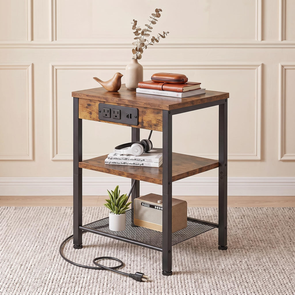 Nightstand with Charging Station, 3-Tier Bedside Table G457358
