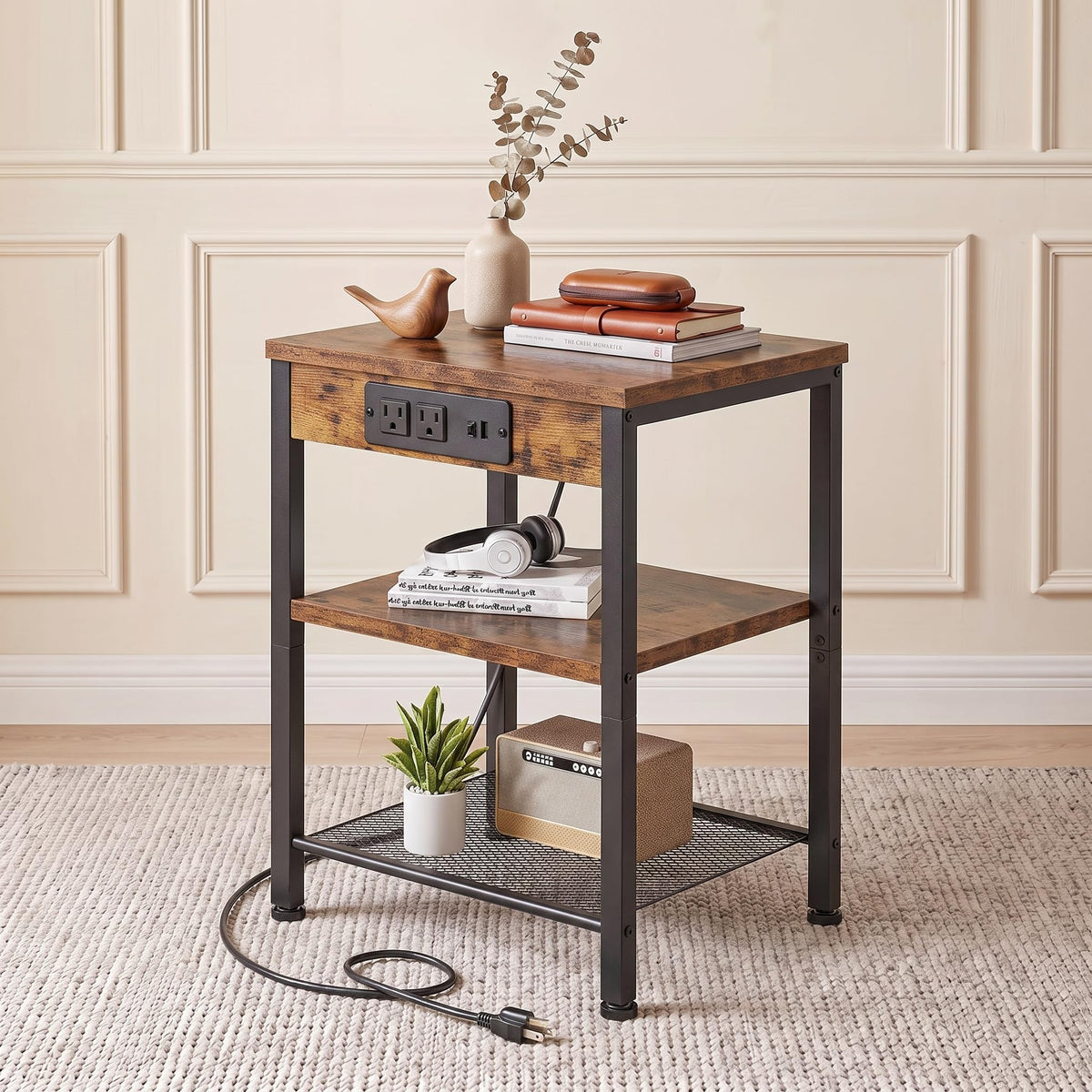 Nightstand with Charging Station, 3-Tier Bedside Table G457358