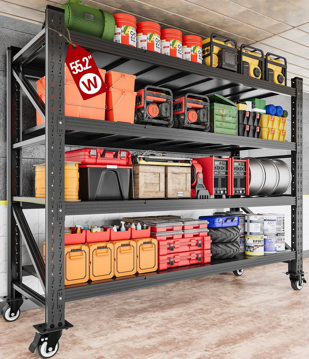 75.6" Tall Black Metal Storage Shelves with Wheels N876