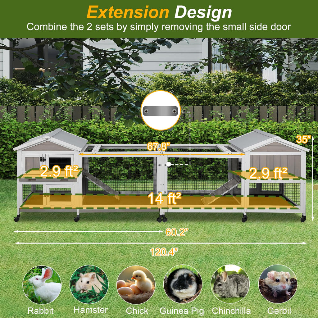 Large Rabbit Hutch with Run 2-Story Bunny Cage 6 Wheels T137343