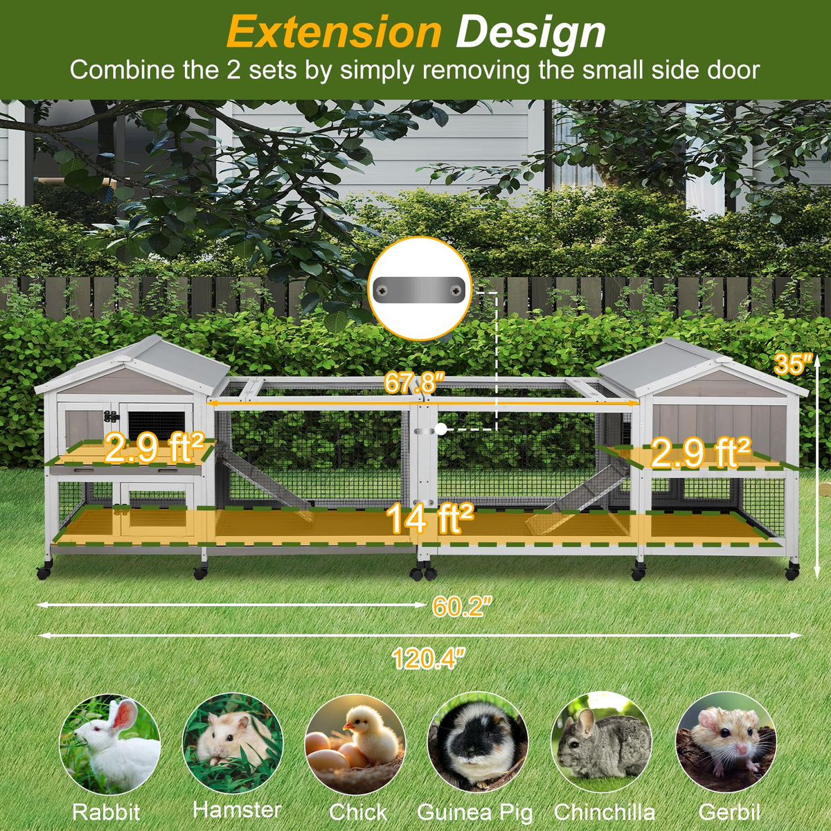 Large Rabbit Hutch with Run 2-Story Bunny Cage 6 Wheels T137343