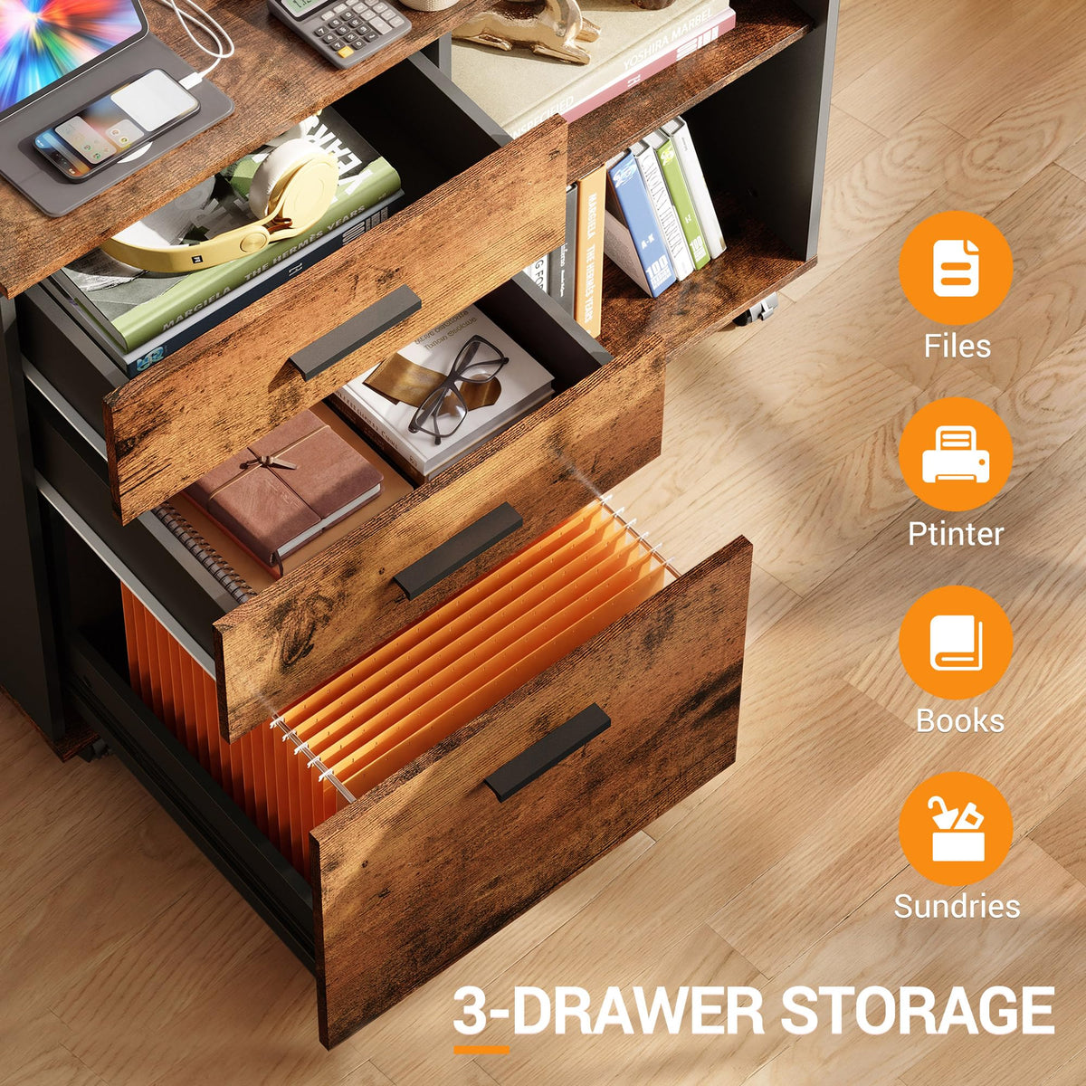 3 Drawer Wood File Cabinet with Storage Shelf F4484