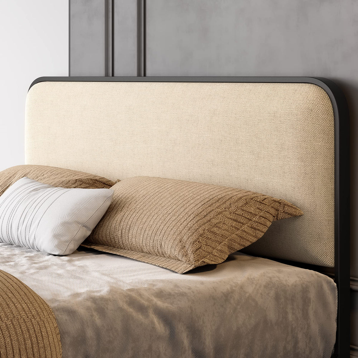 Full Size Metal Bed Frame with Upholstered Headboard D122497