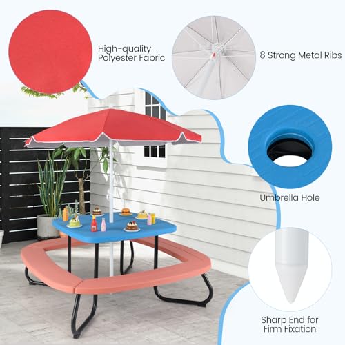Kids Picnic Table with Umbrella and 4 Built-in Benches S5719