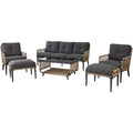 6-Piece Modern Outdoor Chat Set with Open Weave Wicker Sofa, 2 Side Chairs, 2 Ottomans, and Glass Top Coffee Table with Charcoal Plush Cushions R369855