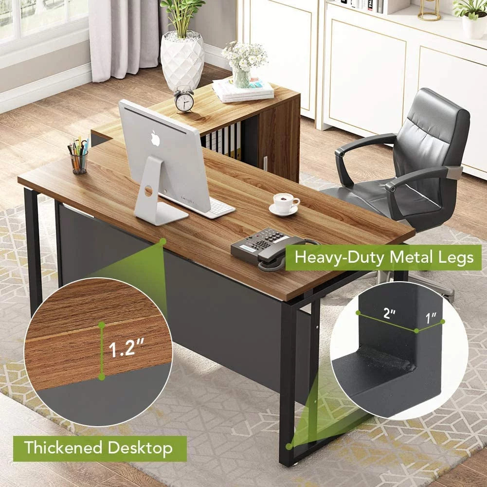 55 inch L-Shaped Computer Desk with File Cabinet W8017