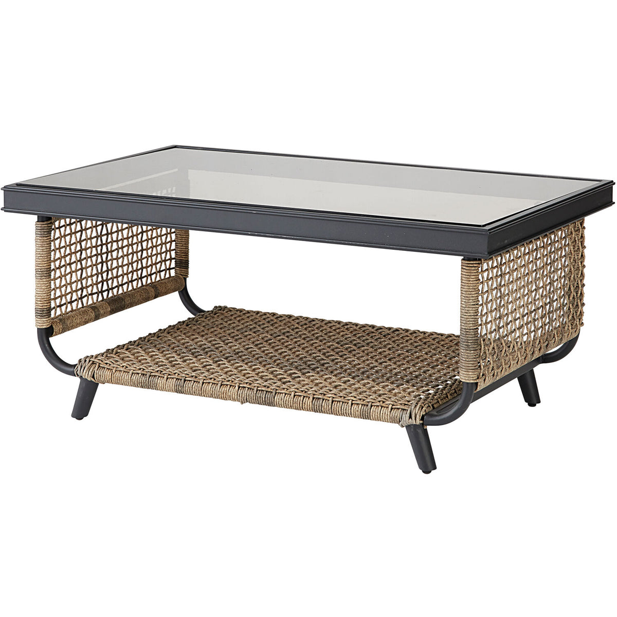 6-Piece Modern Outdoor Chat Set with Open Weave Wicker Sofa, 2 Side Chairs, 2 Ottomans, and Glass Top Coffee Table with Charcoal Plush Cushions R369855