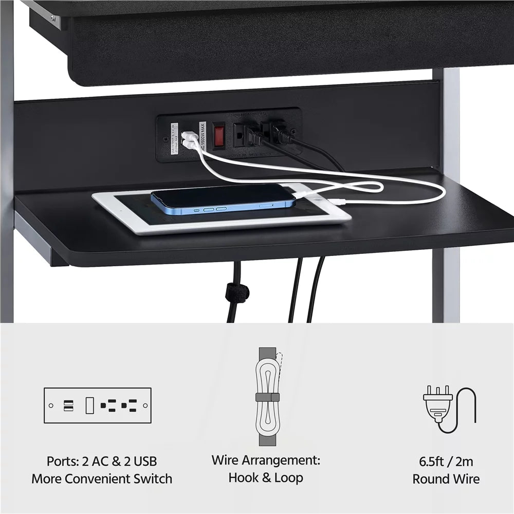 22in Rolling Laptop Computer Desk with Power Outlet, Black Y1944