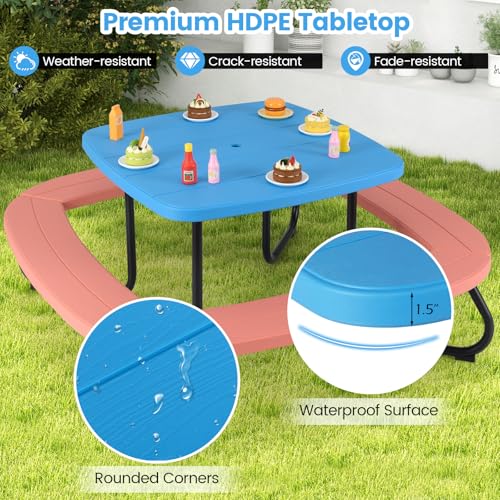 Kids Picnic Table with Umbrella and 4 Built-in Benches S5719