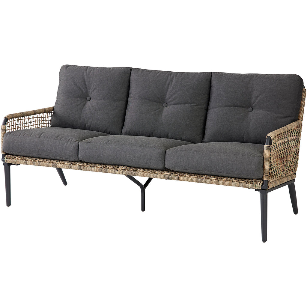 6-Piece Modern Outdoor Chat Set with Open Weave Wicker Sofa, 2 Side Chairs, 2 Ottomans, and Glass Top Coffee Table with Charcoal Plush Cushions R369855